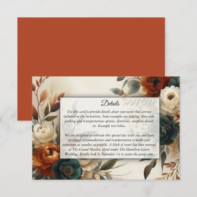 Brända Orange och Blå Höstblommor Bröllop Tilläggskort (Fram/baksida)