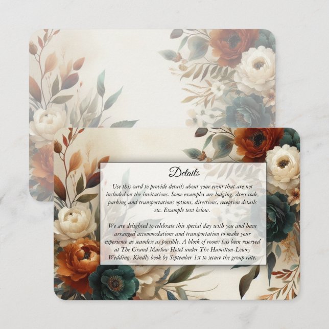 Brända Orange och Blå Höstblommor Bröllop Tilläggskort (Fram/baksida)