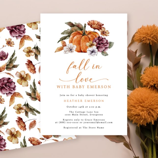 Brända orangea pumpa-barnkalas-inbjudningar inbjudningar (Fall In Love With Baby Burnt Orange Baby Shower Invitation Watercolor Floral Pumpkins )