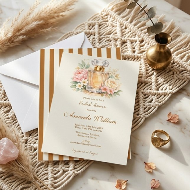 Brända orangea ränder Blommigt parfym Bröllopsdusc Inbjudningar (Skapare uppladdad)