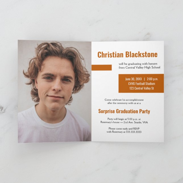 Brända orangefärgade block Tre-foto-examen Inbjudan (Inuti)