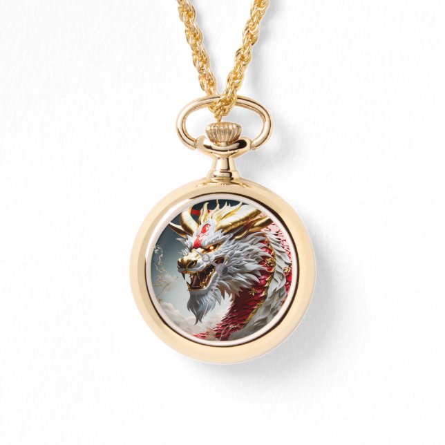 Brandandningsdrakar röd vit och guld skalor armbandsur (Framsida)