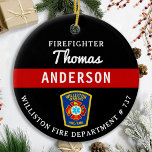 Brandbekämparens Personlig Thin Red Line Fire Rädd Julgransprydnad Keramik<br><div class="desc">Personlig Thin Red Line Malese Kor Firefighter Ornament - modern svart röd och silver design . Anpassa med brandkåren, brandkämparen namn eller din text. Denna personlig brandgator är en perfekt för brandkårer, brandkår eller som minneskeepsaké, julklappar eller stugstuffare. Beställ dessa brandgator i grossistledet för brandhögskolan eller brandkårshögkvarnar, jaktstuffare för christmas....</div>