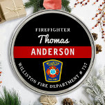 Brandbekämparens Personlig Thin Red Line Fire Rädd Julgransprydnad Metall<br><div class="desc">Personlig Thin Red Line Malese Kor Firefighter Ornament - modern svart röd och silver design . Anpassa med brandkåren, brandkämparen namn eller din text. Denna personlig brandgator är en perfekt för brandkårer, brandkår eller som minneskeepsaké, julklappar eller stugstuffare. Beställ dessa brandgator i grossistledet för brandhögskolan eller brandkårshögkvarnar, jaktstuffare för christmas....</div>