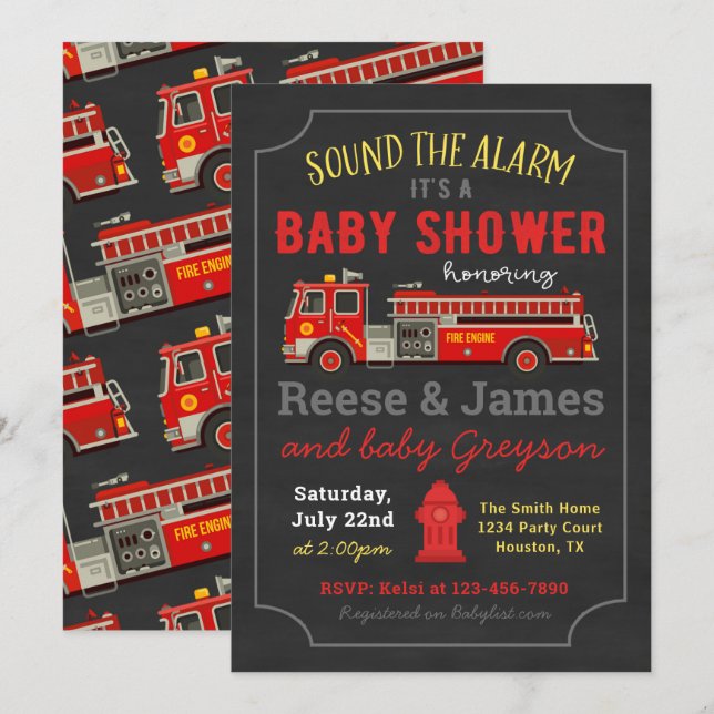 Brandbil Baby Shower Inbjudan | Brandbil (Fram/baksida)