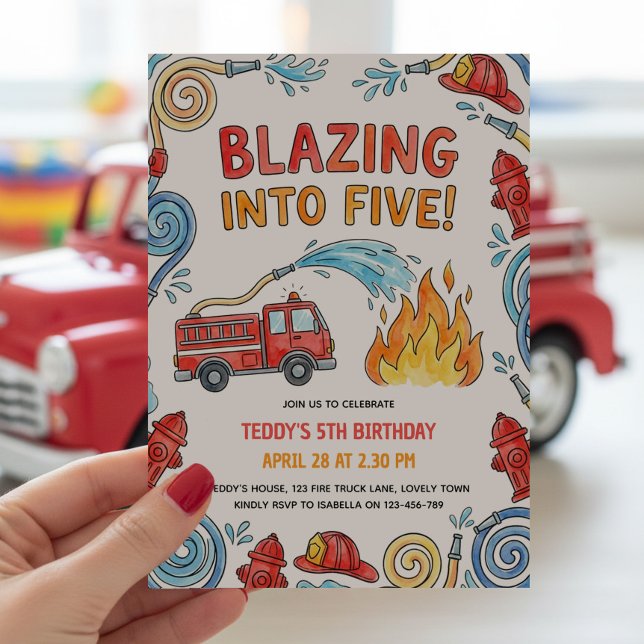 Brandbil brinner in på Femte 5-årsdagen Inbjudningar (Blazing into Five Five 5th  birthday party invitation with red fire truck and firefighter theme)