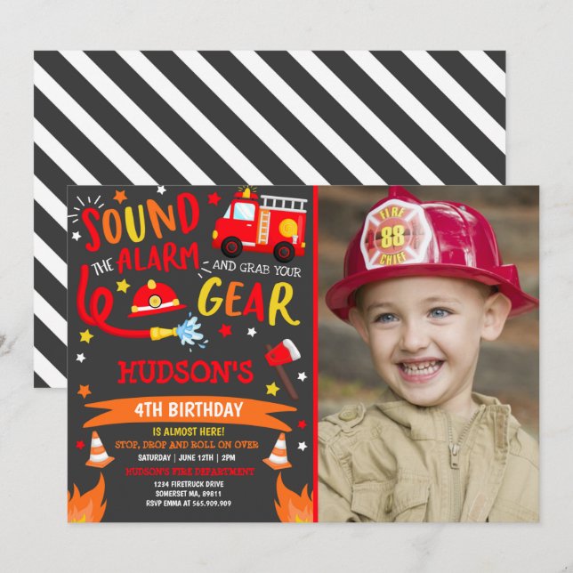 Brandbil födelsedagsinbjudan Brandman fest Inbjudningar (Fram/baksida)