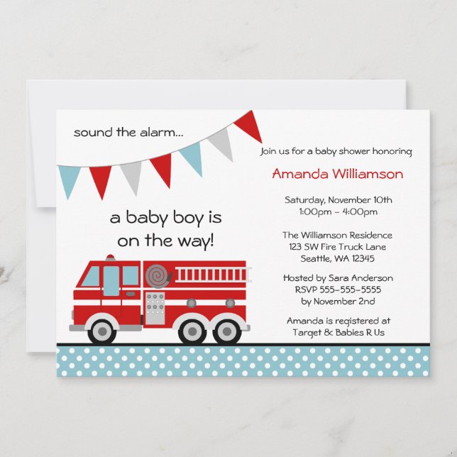 Brandbil prickig banderoll pojke baby shower inbjudningar (Framsida)