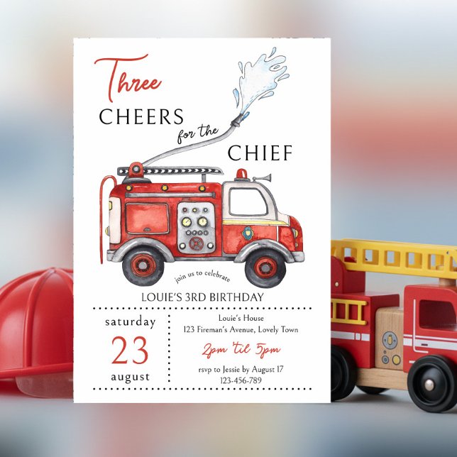 Brandbil Tre Hurra för Chefen 3-årsdag Inbjudningar (3rd Birthday invitation with "three cheers for the chief" red fire truck theme)