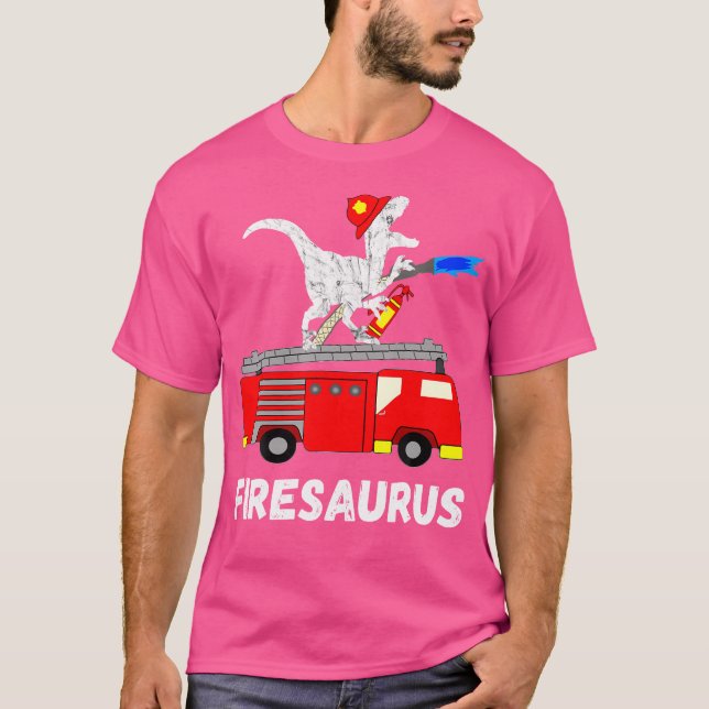 Brandbrandbekämpare Saurus Firetruman Fireman Dino T Shirt (Framsida)