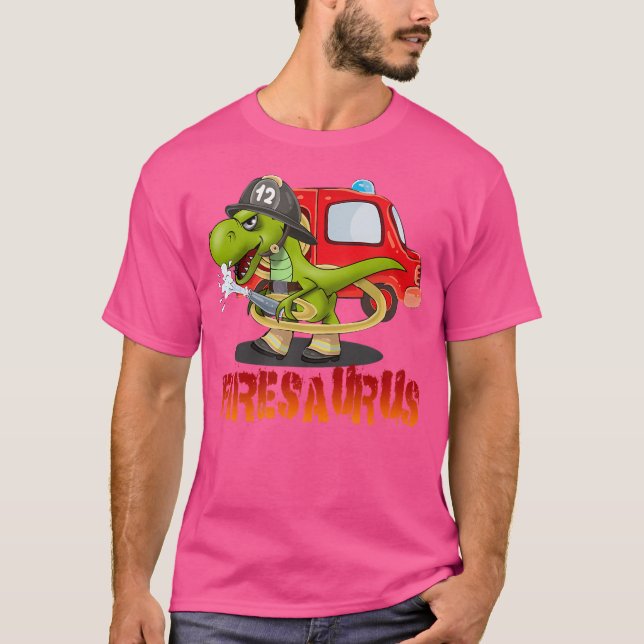 Brandbrandbekämpare Saurus Firetruman Fireman Dino T Shirt (Framsida)