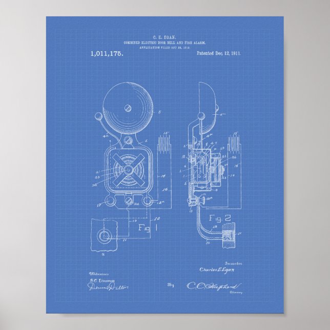 Brandlarm 1911 Patent Art - Blåkopia Poster (Framsidan)