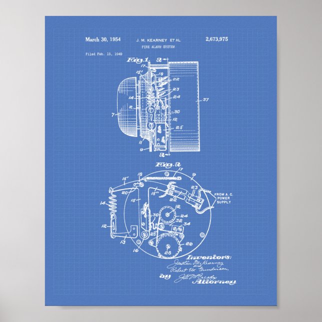 Brandlarmsystem 1954 Patent Art - Blåkopia Poster (Framsidan)
