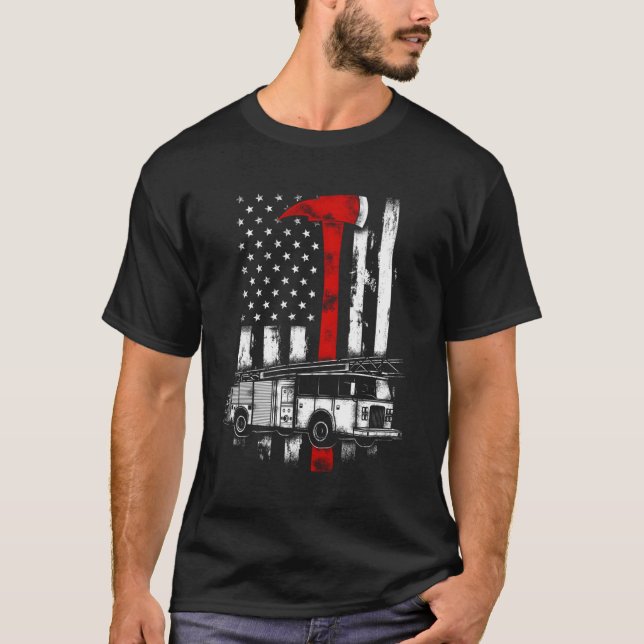 Brandman American Fire Lastbil Red Ax Fire US Fl T Shirt (Framsida)