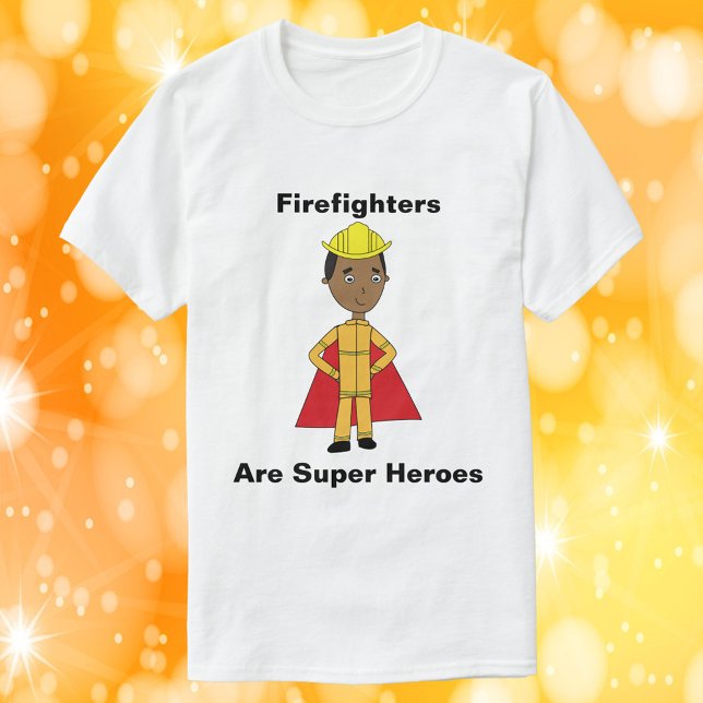 Brandmän är Toppen Heroes Black T Shirt (A shirt featuring a black firefighter and the text Firefighters Are Super Heroes)