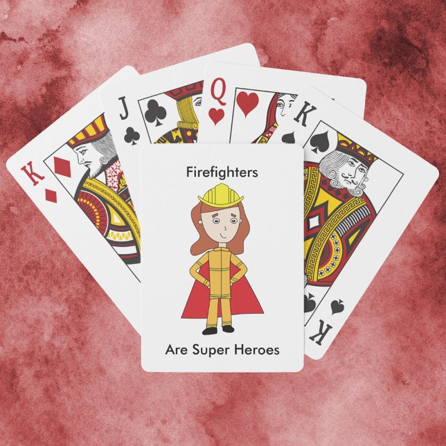 Brandmän är Toppen Heroes Female Funny Casinokort (A deck of playing cards featuring a woman firefighter and the text, "Firefighters Are Super Heroes".)