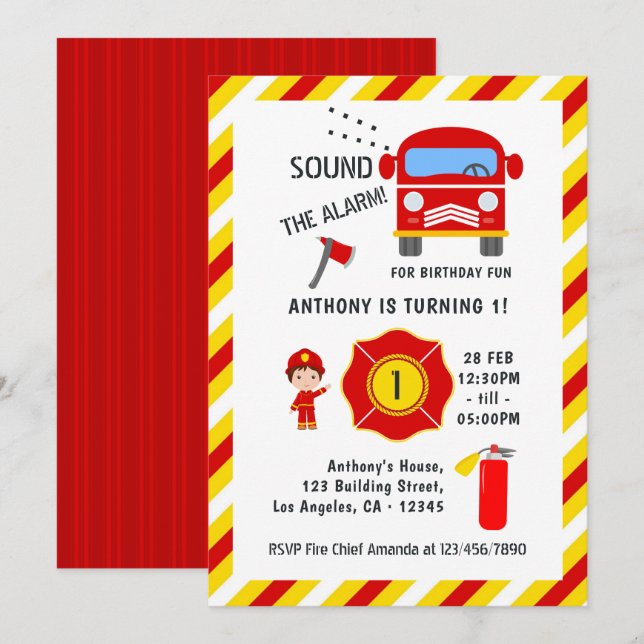 Brandman Brandbil Födelsedagsfest Inbjudningar (Fram/baksida)
