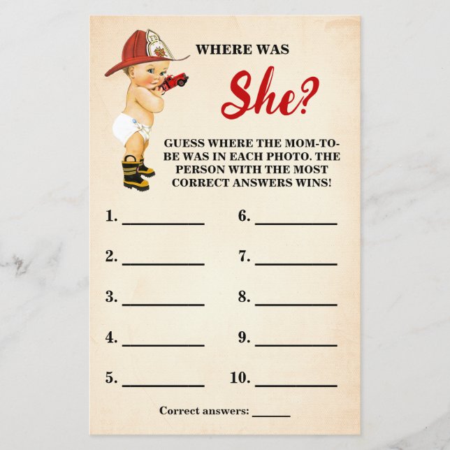 Brandman där Mamma skulle vara Shower Game Card Flygblad (Framsidan)