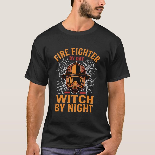 Brandman Halloween-häxa Nattdesign T Shirt (Framsida)