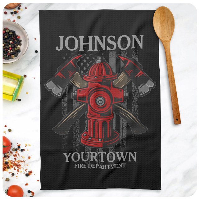 Brandman NAME Brandkår Hydrant USA Flagga  Kökshandduk (Skapare uppladdad)
