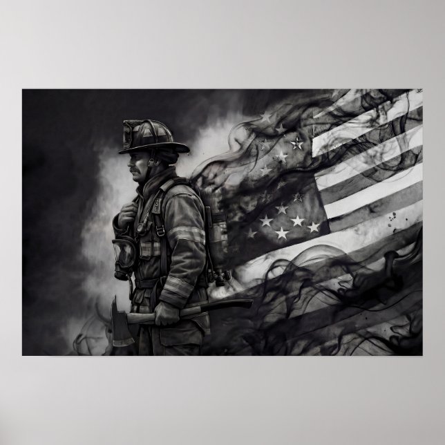Brandman Rökinfärgning Amerikansk flagghyllning Poster (Framsidan)