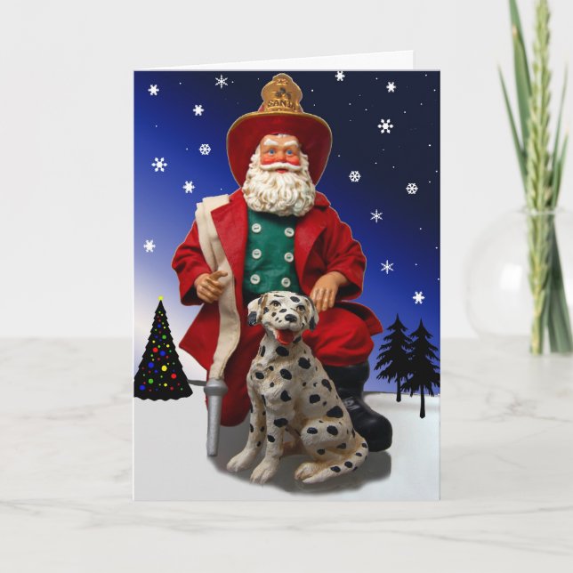 Brandman Santa med det Dalmation helgdagkortet Helgkort (Framsida)