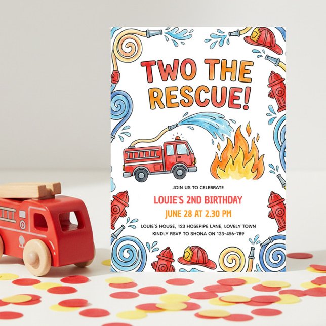 Brandman Två Räddningen 2-årsdag Inbjudningar (Two the Rescue - 2nd Birthday Invitation for your little fire fighter's party)