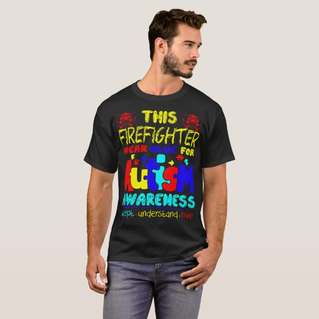 Brandmanbärablått för Autismmedvetenhet T Shirt (Hel framsida)