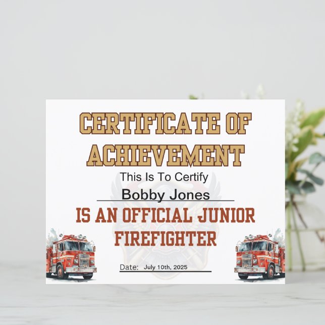 Brandmäns certifikat för Junior Firefighter Party (Stående Fram)