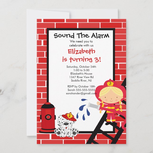 Brandmansflicka, Brandbil, Födelsedagsfest Inbjudningar (Framsida)