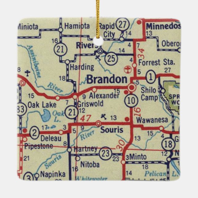 Brandon Manitoba Vintage Karta Julgransprydnad Keramik (Baksida)