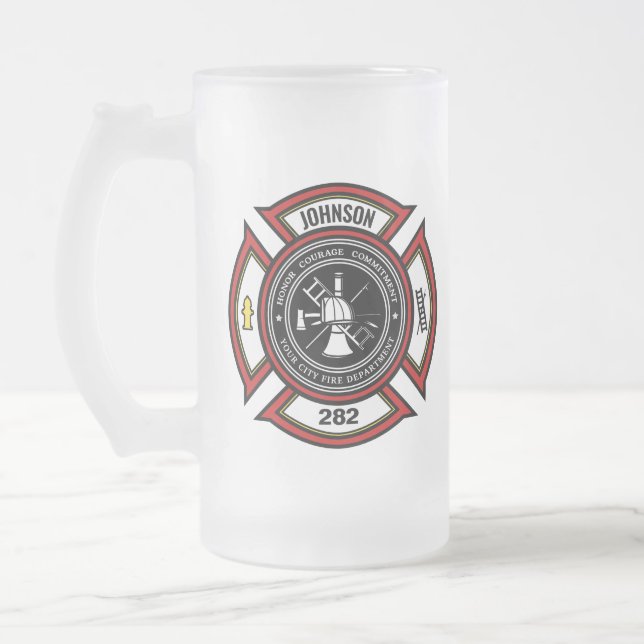 Brandskyddsavdelningen ADD NAMN Firefighter Badge  Frostat Ölglas (Vänster)