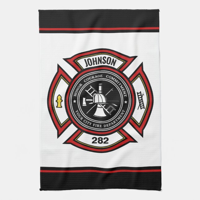Brandskyddsavdelningen ADD NAMN Firefighter Badge  Kökshandduk (Vertikal)
