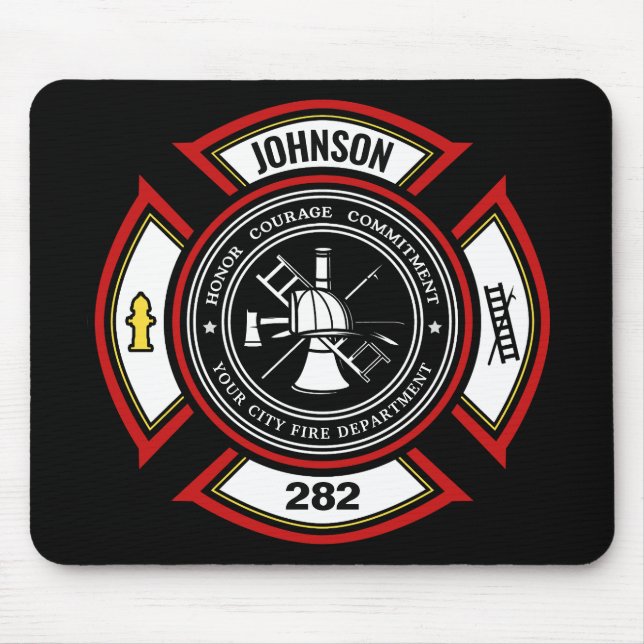 Brandskyddsavdelningen ADD NAMN Firefighter Badge  Musmatta (Framsidan)