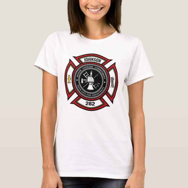 Brandskyddsavdelningen ADD NAMN Firefighter Badge  T Shirt (Framsida)