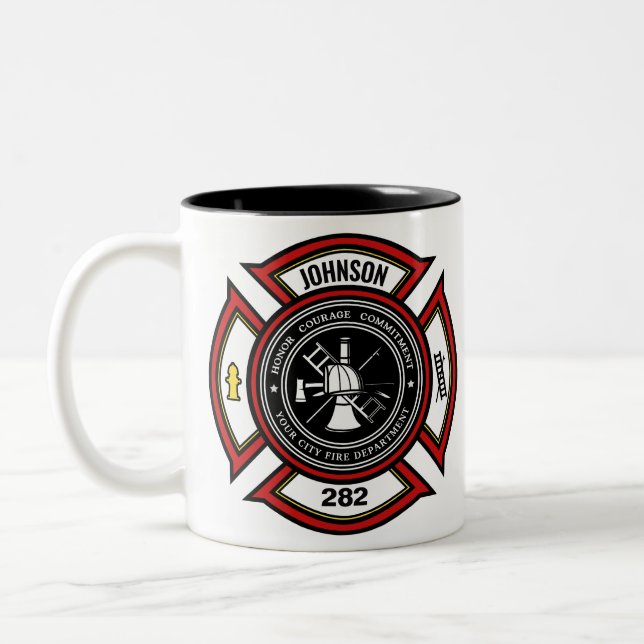 Brandskyddsavdelningen ADD NAMN Firefighter Badge  Två-Tonad Mugg (Vänster)