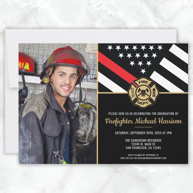 Brandsläckarbrandsakademin Studenten Fireman Photo Inbjudningar (Firefighter Fire Academy Graduation Fireman Photo Invitation)