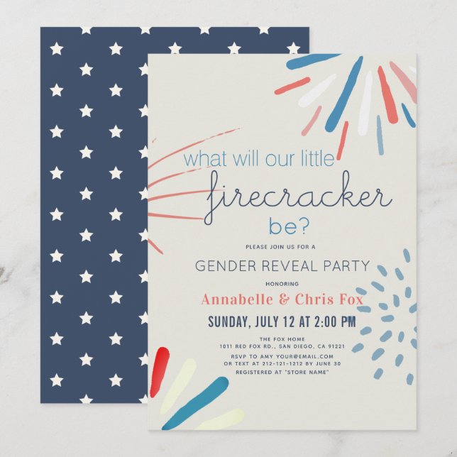 Brandsläckare 4:e juli Fireworks Gender Reveal Inbjudningar (Fram/baksida)