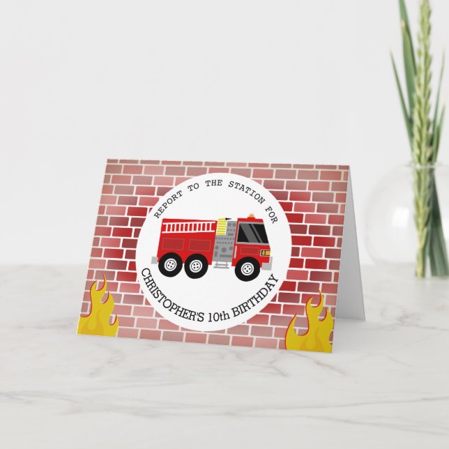 Brandsläckare Brand Lastbil Bricks Flames Birthday Inbjudan (Framsida)