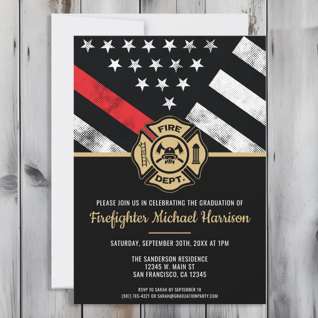 Brandsläckningsbrandskola Studenten Fireman Inbjudningar (Perfect invitation to invite guests to celebrate the new fire academy graduate in fire fighting!)
