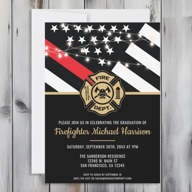 Brandsläckningsbrandskola Studenten Red Line Flagg Inbjudningar (Perfect invitation to invite guests to celebrate the new fire academy graduate in fire fighting!)
