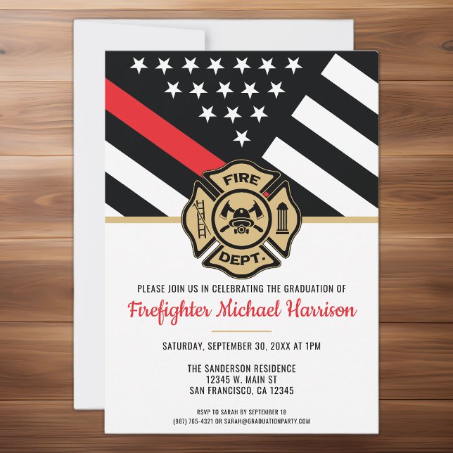 Brandsläckningsbrandsläckare Red Line Flagga Stude Inbjudningar (Firefighter Fire Academy Red Line Flag Graduation Invitation)