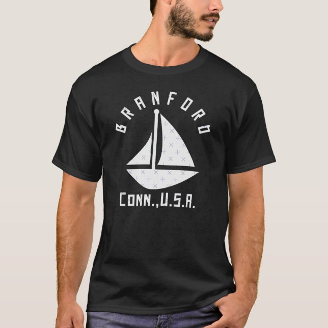 Branford Connecticut segling Boot White Text Ab T Shirt (Framsida)
