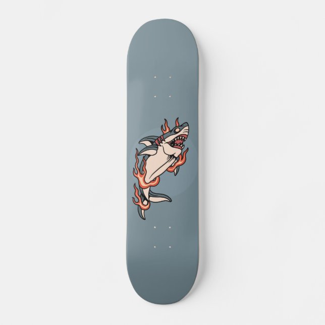 Bränning av Shark Flaming Tattoo Stil Illustration Mini Skateboard Bräda 18,5 Cm (Framsida)
