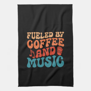Bränslad av kaffe- och musikretro-typografi kökshandduk