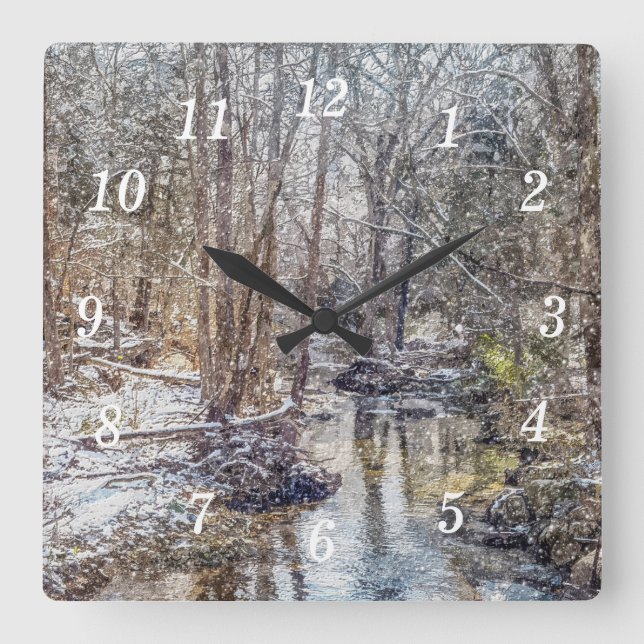 Branson Fall Bäck Winter Snö Painterly Clock Fyrkantig Klocka (Framsida)