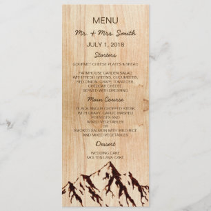 Bränt berg i Wood Rustic Bröllop Menu Meny