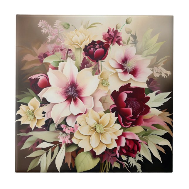Brant Bouquet av blommor av burgundy och grädde Kakelplatta (Framsidan)