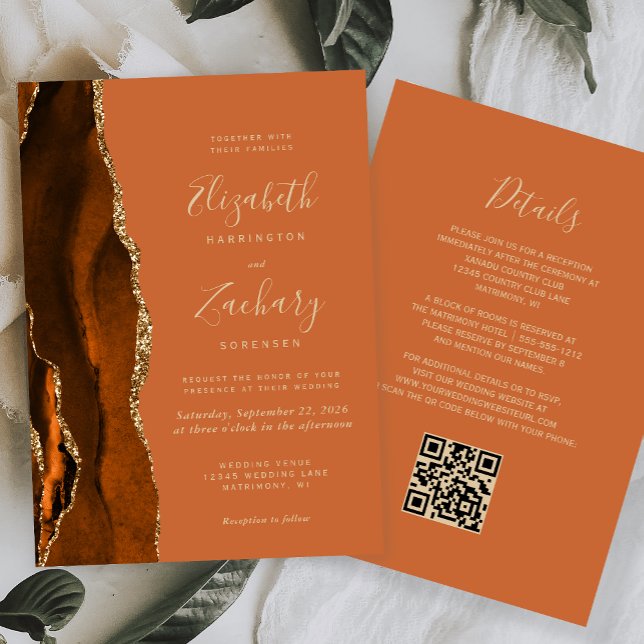 Bränt Orange Agat Guld QR-kod Bröllop Inbjudningar (Skapare uppladdad)