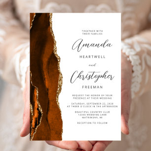 Bränt Orange Agat Guld Script Bröllop Inbjudningar